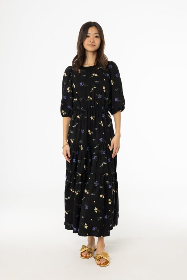 Black Floral Print Tiered Dress